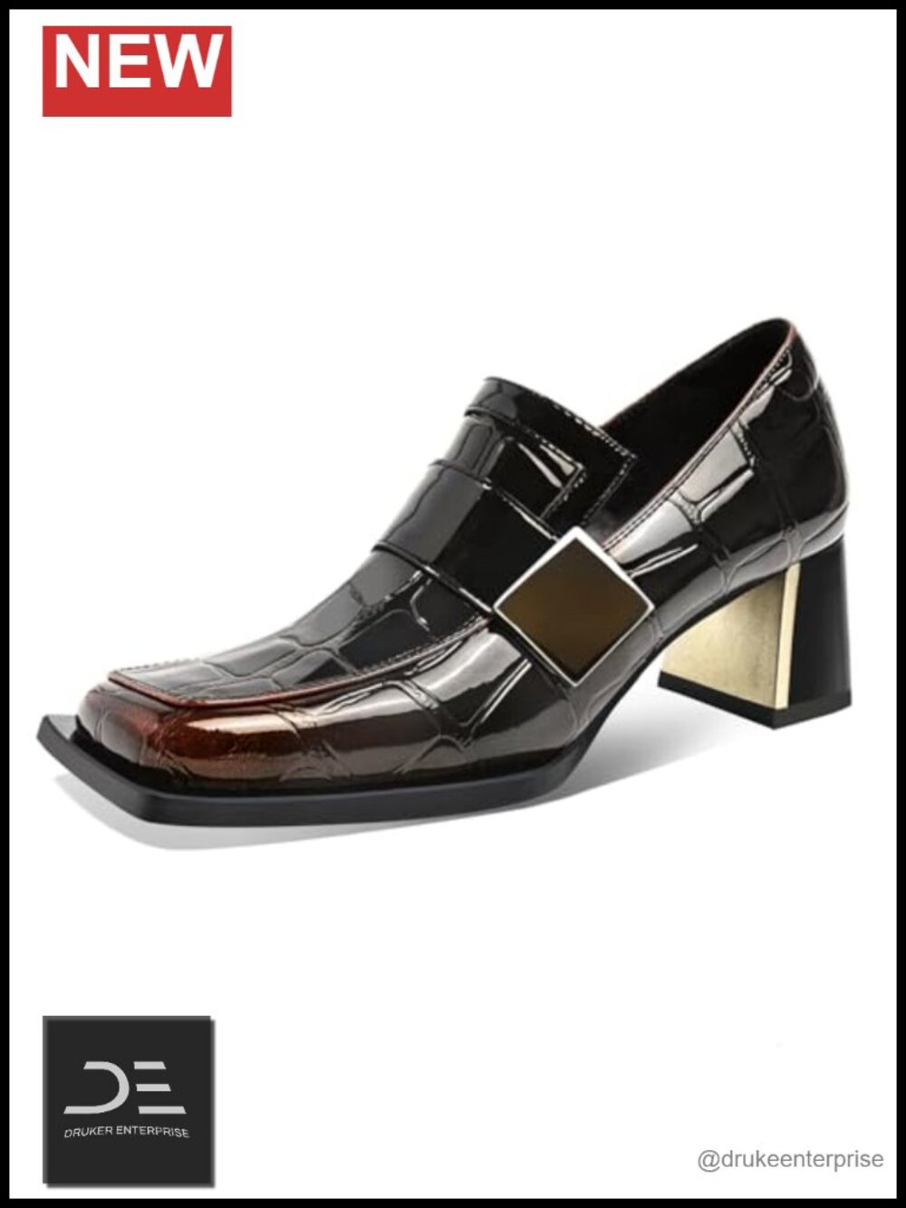 Square Toe Loafers with Metal Buckle, Chunky Heel, 2.6 Inch, Slip-On Patent